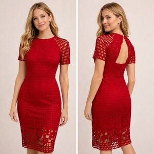 Warehouse Red Crochet Lace Midi Dress